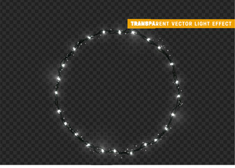 Christmas wreath, frame of New Year's bright glowing lights of garlands. Light effect Xmas decoration round ring. Isolated on a transparent background. Design element. vector illustration.