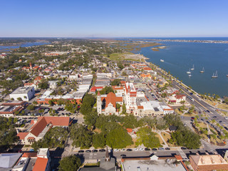 St. Augustine city aerial view including Plaza de la Constitucion, Cathedral Basilica of St. Augustine and Governor House, St. Augustine, Florida, USA.