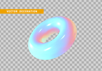 Realistic 3d shape torus, donut objects with gradient holographic color of hologram. Geometric decorative design elements isolated on transparent background. vector illustration.