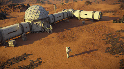 Mars base with astronauts, station on the surface of the red planet © dottedyeti