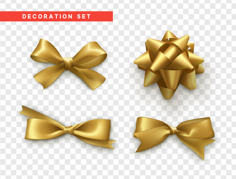 Bows gold realistic design. Isolated gift bows with ribbons