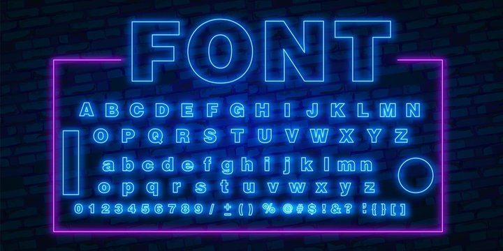 Neon font, 80s text letter glow light set. Ultra violet character abc. UV luminous effect high detailed alphabet for advertising. Retro techno acid style. Vector illustration