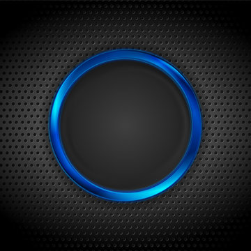 Blue glossy circle frame on dark perforated background. Abstract technology futuristic ring. Vector design