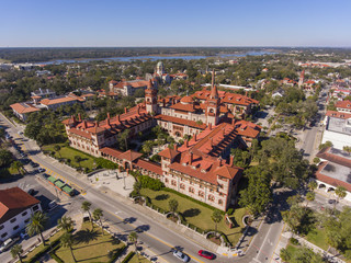 Aerial view of Ponce de Leon Hall of Flagler College in St. Augustine, Florida, USA. The Ponce de Leon Hall with Spanish Colonial Revival style is a US National Historic Landmark.