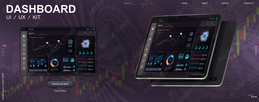 Poster Modern infographic dashboard with web app UI with graphs round bars and charts. Vector admin creative workflow panel design, processing and analysis of data. Infographic dashboard vector Mockup