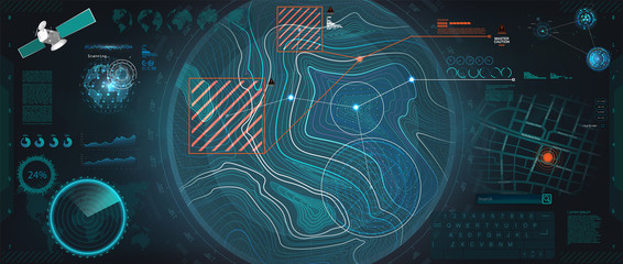 Control Center HUD, Terrain view from satellite with futuristic digital interface. Radar HUD topographic map. Sky fi elements and Earth landscape scanning. concept of communication technology. Vector