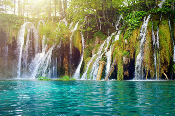 Plitvice Lakes National Park, Croatia. Summer view of beautiful waterfalls in Plitvice Lakes