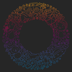 Painted by hand style pattern on the theme of childhood. Vector illustration for children design. Drawing with colored chalk on a school blackboard.