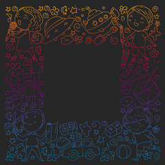 Painted by hand style pattern on the theme of childhood. Vector illustration for children design. Drawing with colored chalk on a school blackboard.