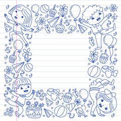 Vector illustration in cartoon style, active company of playful preschool kids jumping, at a party, birthday. Drawing on exercise notebook.