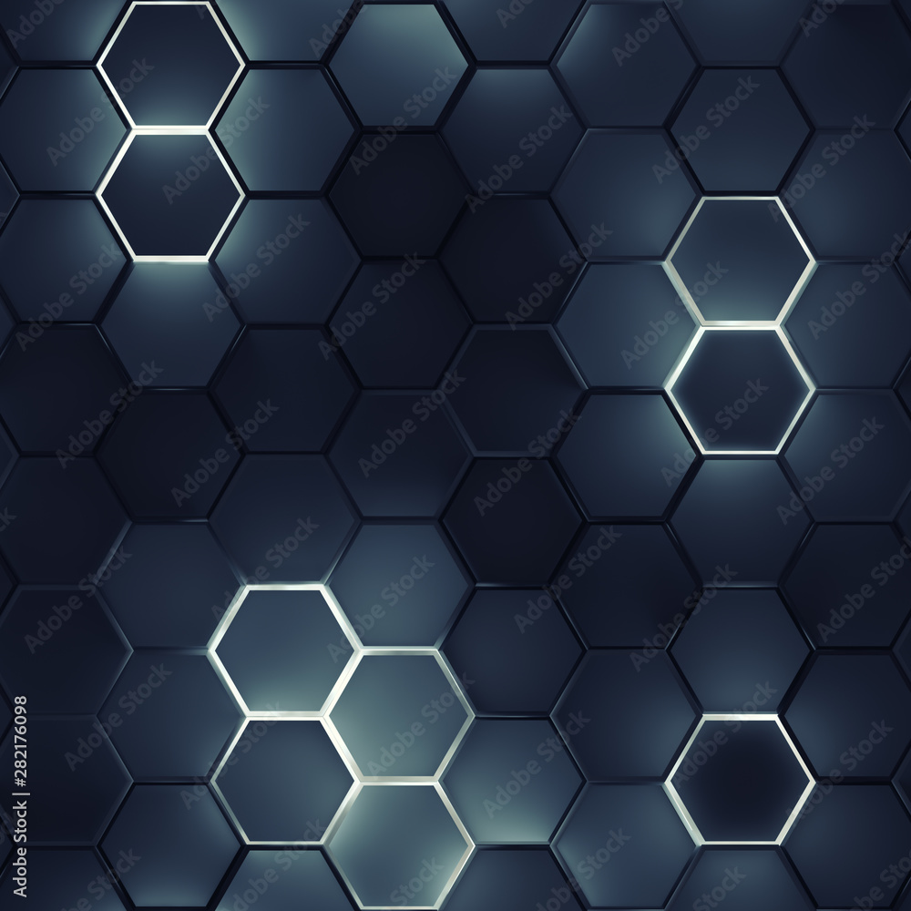 Poster seamless pattern of glowing hexagons 3d render