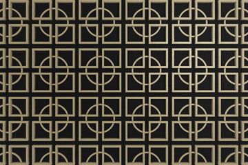 abstract 3d render, pattern wooden blocks on black background oriental style
