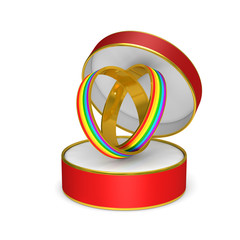 two lgbt rings into gift box on white background. Isolated 3D illustration