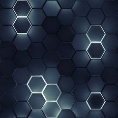 Seamless pattern of glowing hexagons 3D render