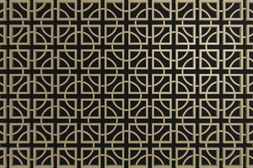 abstract 3d render, pattern wood blocks on black background oriental style