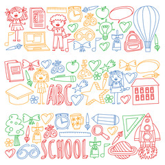 Vector set of Back to School icons in doodle style. Painted, colorful, pictures on a piece of paper on white background.