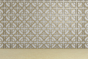 wallpaper, 3d render background, gold pattern oriental style on white wall, empty room	