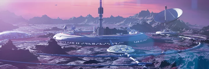Poster Im Rahmen Lebensraum auf der Marsoberfläche, menschliche Kolonie auf dem roten Planeten (3D-Raumlandschafts-Rendering-Banner) © dottedyeti