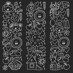 Naklejka premium Time to adventure. Imagination creativity small children play nursery kindergarten preschool school kids drawing doodle icons pattern, play, study, learn with happy boys and girls Let's explore space