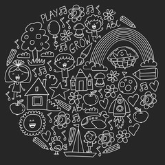 Fototapeta premium Time to adventure. Imagination creativity small children play nursery kindergarten preschool school kids drawing doodle icons pattern, play, study, learn with happy boys and girls Let's explore space