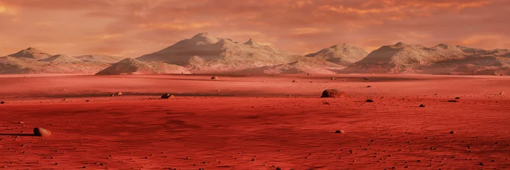 Papier Peint photo Rouge violet paysage sur la planète Mars, désert pittoresque entouré de montagnes, surface de la planète rouge