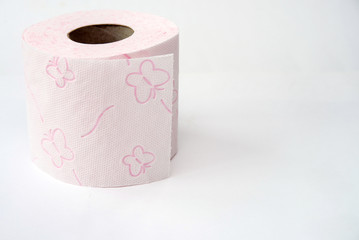 pink toilet paper roll, white background, close-up, butterflies on toilet paper, clean toilet paper