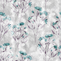 Seamless floral pattern with turquoise flowers, butterflies on grey background.