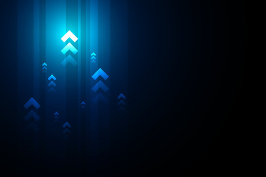 Blue light up arrows on black background illustration, copy space composition, business growth concept.