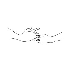 Holding hands each other silhouette one single line, continuous line drawing, female hands hold together isolated on a white background vector illustration. Element design logo.