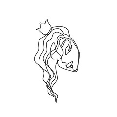 Girl in the crown silhouette one single line, continuous line drawing, beauty,  princess sign, isolated on a white background vector illustration. Beauty queen with crown element design logo 