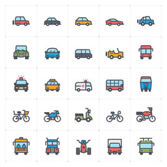 Icon set – vehicle and transport full color vector illustration