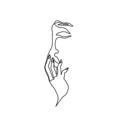 Face of the girl with hand is a single line on a white background, continuous line drawing, woman abstract portrait, isolated vector illustration. 