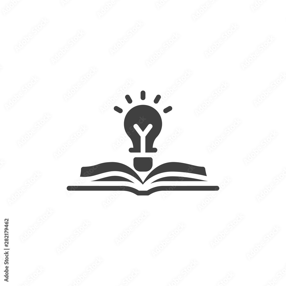 Poster open book page and idea lamp vector icon. filled flat sign for mobile concept and web design. book w
