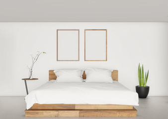 minimal interior of white bedroom with double bed, 3D rendering