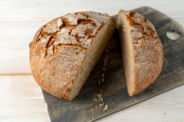loaf of rye bread cut close up