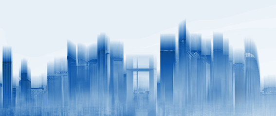 Futuristic skyscraper building city skyline, with glowing blue light. Abstract city background