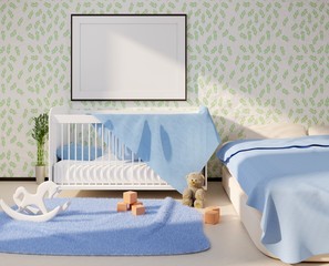Mock up with an empty frame in children's room. 3D rendering.