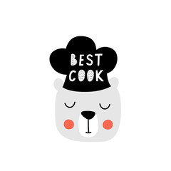 Baby print with bear and cook hat. Hand drawn vector illustration for poster, card, label, banner, flyer, baby wear, kids room decoration. Scandinavian style.