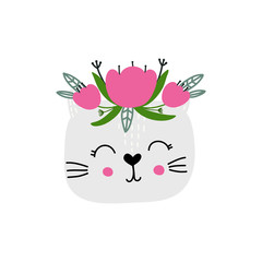 Nursery  print with cute cat and floral wreath. Hand drawn vector illustration for poster, card, label, banner, flyer, baby wear, kids room decoration. Scandinavian style.