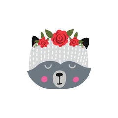 Nursery  print with cute skunk and floral wreath. Hand drawn vector illustration for poster, card, label, banner, flyer, baby wear, kids room decoration. Scandinavian style.