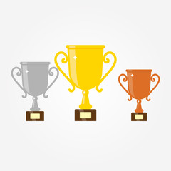 Gold, Silver and Bronze Trophy Cup. Vector Flat Trophy Icon with stars