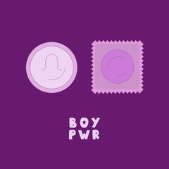 Two flat male condom icons on neutral trendy background. Unwrapped rubbers. Packed condom. Safe sex. Contraception concept.Vector illustration for web design, posters,cards,package and sex shop design