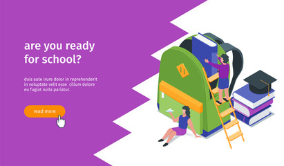 Back to school banner. Boy collects a backpack to school. Isometric vector illustration