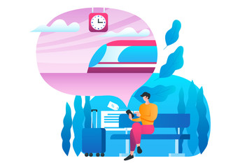 Cheap train banner. Man waiting for the train at the railway station. Modern vector illustration