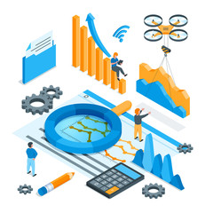 Data analysis concept. Images of children and miniature people. Magnifying glass, charts and drone. Isometric vector illustration