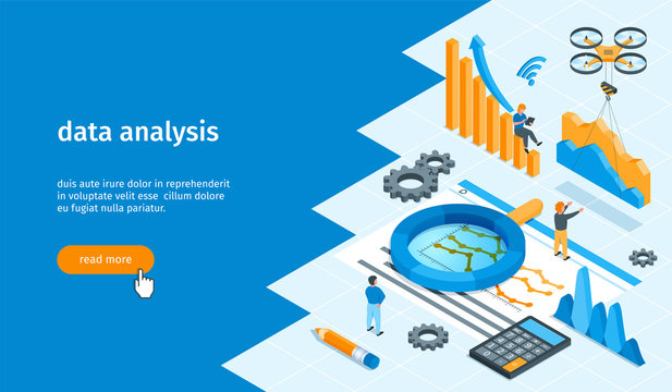 Data analysis banner. Images of children and miniature people. Magnifying glass, charts and drone. Isometric vector illustration