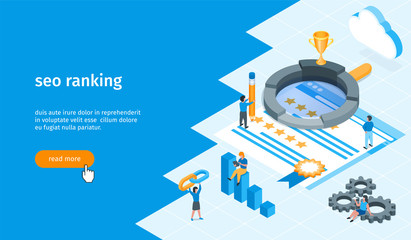 Seo ranking banner. Magnifying glass, gears, pencil, cloud and graphs. Isometric vector illustration