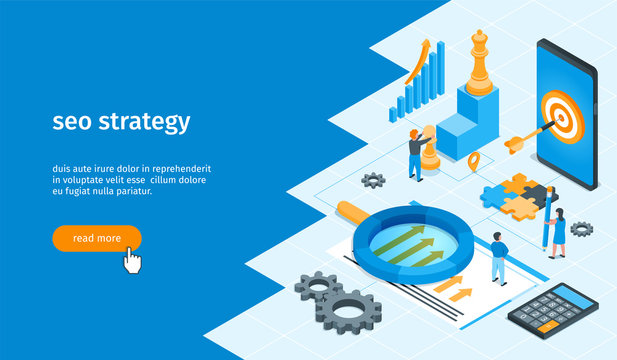 Seo strategy banner. Images of children and miniature people. Magnifying glass, gears, chess, calculator, mobile phone and graphs. Isometric vector illustration