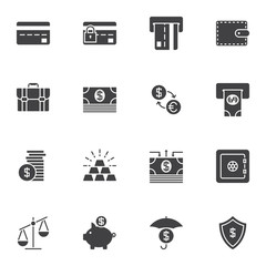 Banking and finance vector icons set, modern solid symbol collection, filled style pictogram pack. Signs, logo illustration. Set includes icons as credit card, atm, safe, dollar and euro exchange