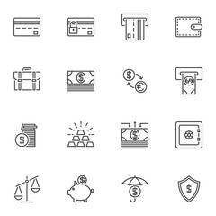 Fototapeta premium Banking and finance line icons set. linear style symbols collection, outline signs pack. vector graphics. Set includes icons as credit card, atm, safe, dollar and euro exchange, gold bars, money bill
